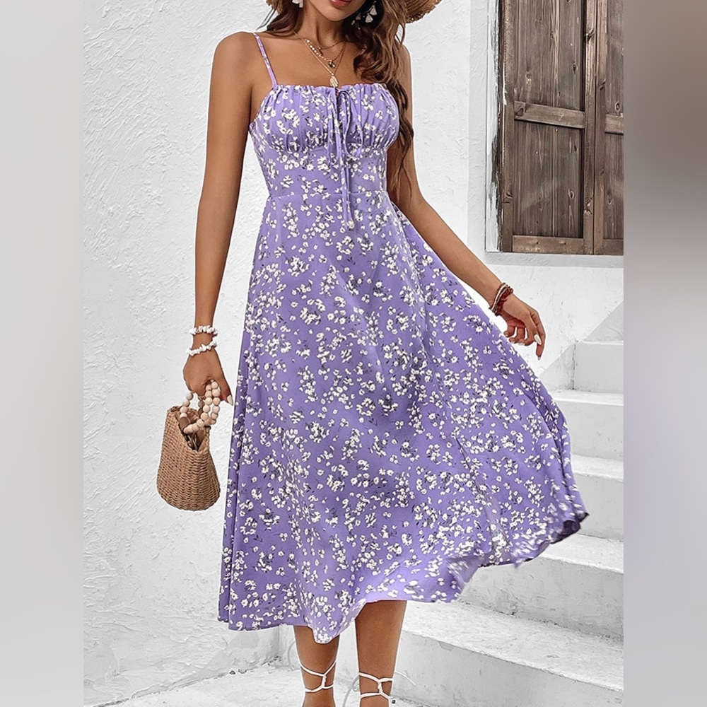 NWT Spaghetti Strap Summer Purple Floral Midi Dress, Size XL